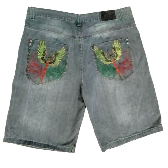 Jinzu Denim Men's Shorts Gray with Red and Green Embroidery Sz 44 - Picture 1 of 10
